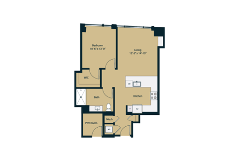 Floor plan for 1 bed, 1 bath, 807 sqft